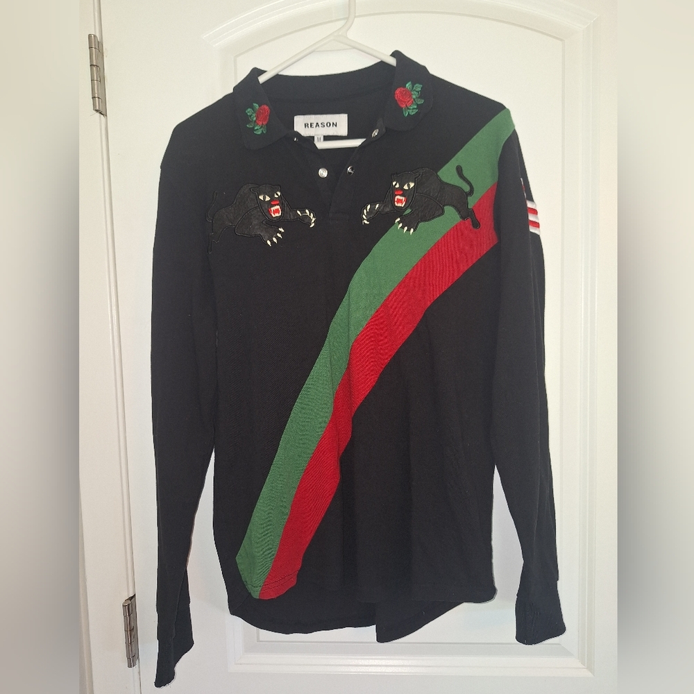 Reason Black Polo with Panther and Stripes